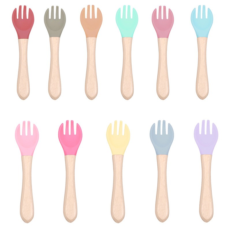 Silicone Baby Fork And Spoon Wooden Handle